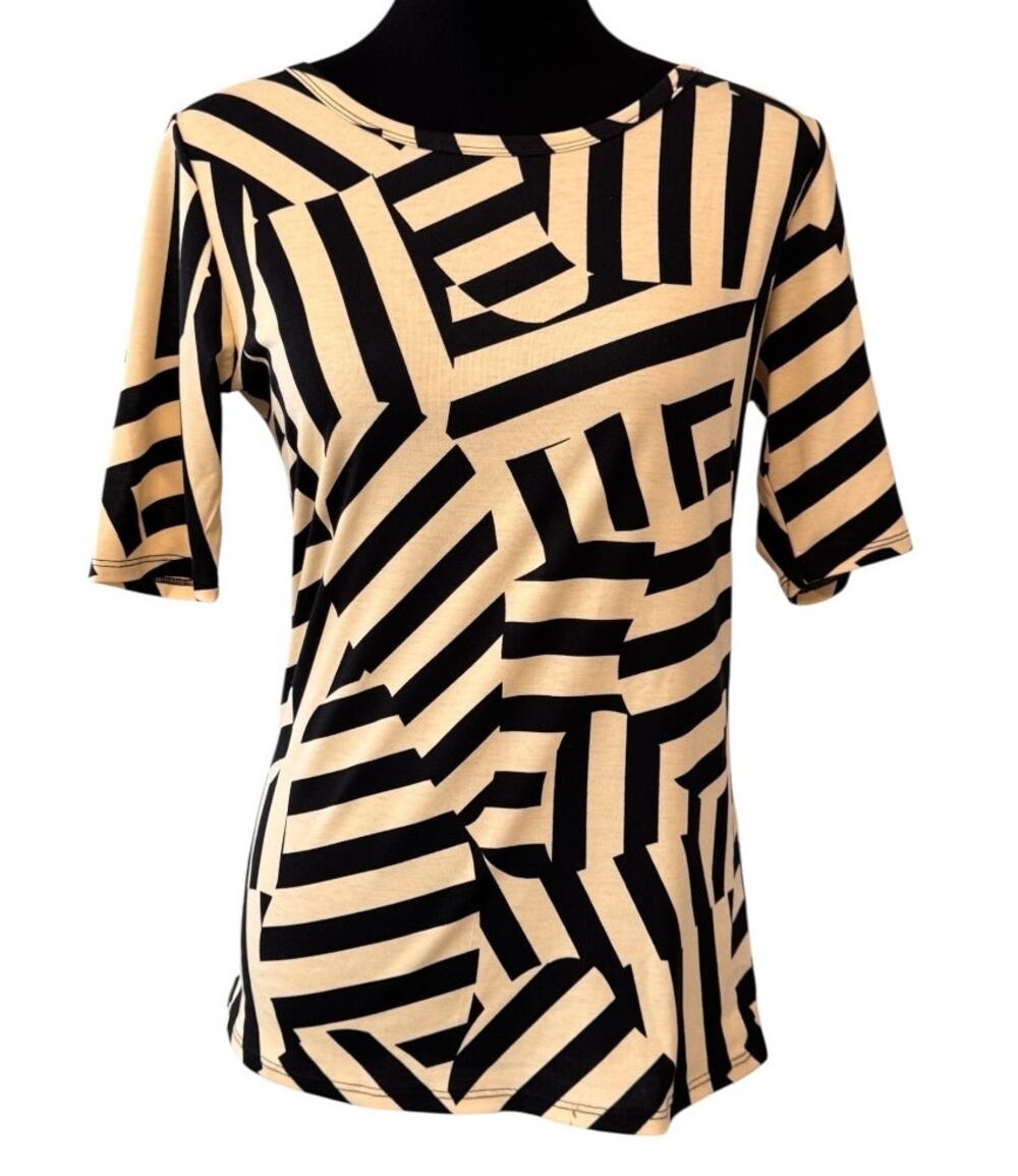 New LULAROE Beige/Black Gigi Geometric Short Sleeve Scoop Neck Top Size M
